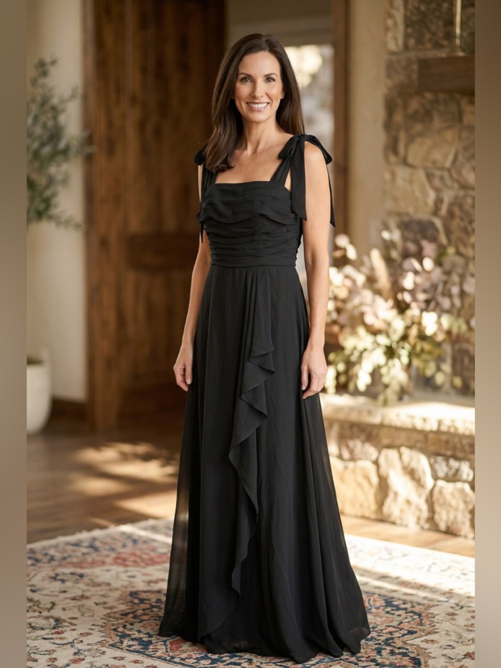 Black Tie Shoulder Maxi Dress | Ruffle Front Formal Evening Gown Size 10